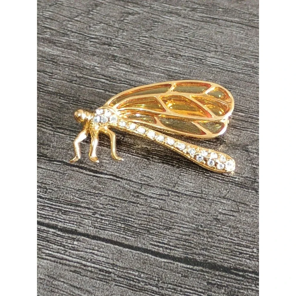 Dragonfly Rhinestone Yellow Stained Glass Gold Tone Vintage Brooch